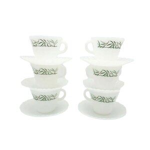 Termocrisa Mexico Milk Glass Cup & Saucer Set of 6 Green Bamboo Leaf MCM Retro